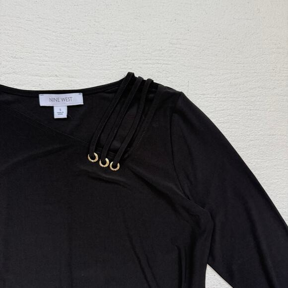 Nine West Black Stretch 3/4 Sleeve Top Gold Grommet Detail Size S - Picture 2 of 5